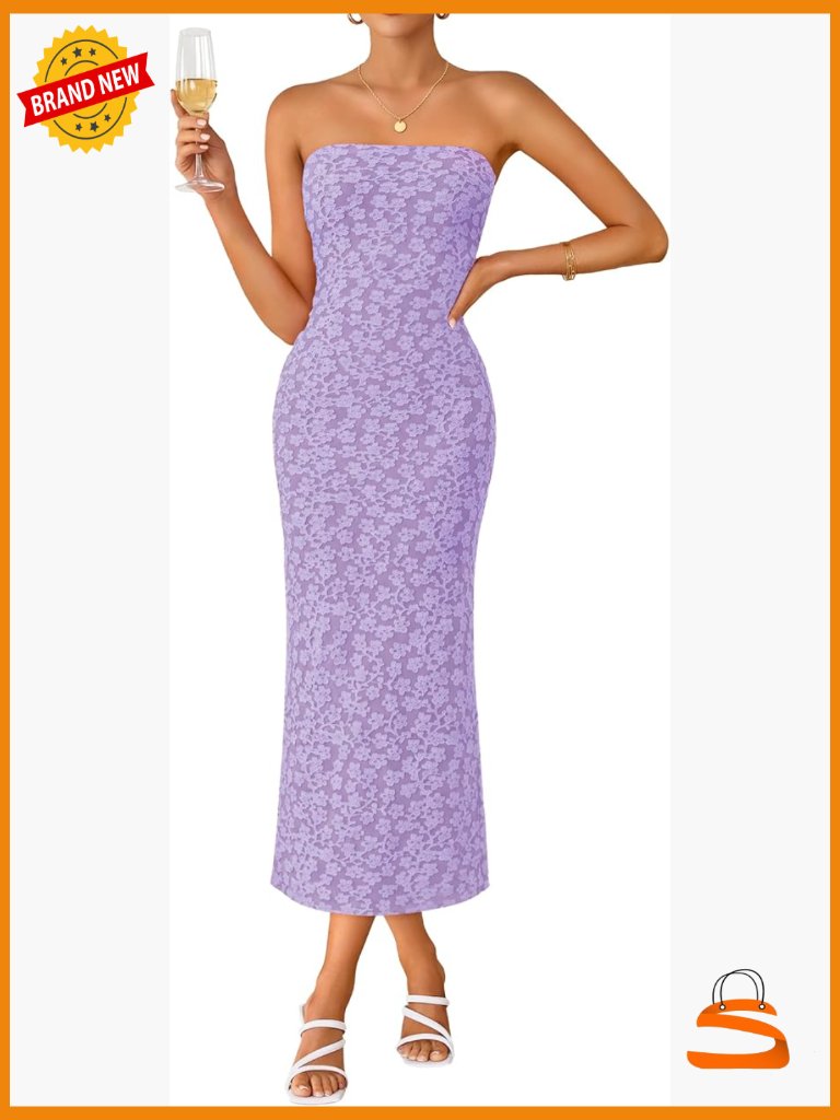 Strapless Floral Bodycon Midi Dress Women Summer Beach Wedding Guest